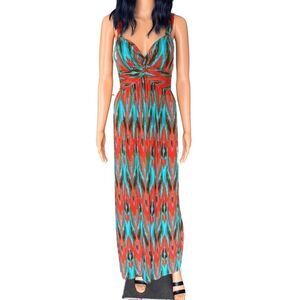 Allison Brittney Turquoise Orange Print Maxi Dress Size Large